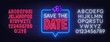 Save the date neon sign on brick wall background. Neon alphabet on brick wall background. Vector illustration.