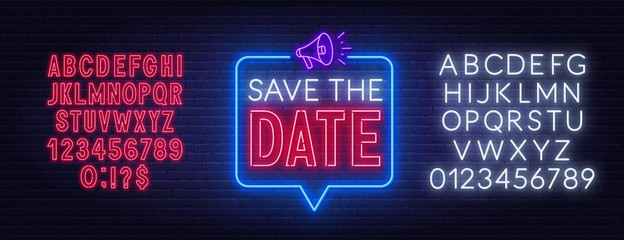 Poster - Save the date neon sign on brick wall background. Neon alphabet on brick wall background. Vector illustration.