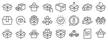 Package, Delivery Boxes, Cargo Box. Box Line Icons. Cargo Distribution, Export Boxes, Return Parcel Icons. Shipment Of Goods, Purchase Container, Open Package. Logistics Goods. Vector