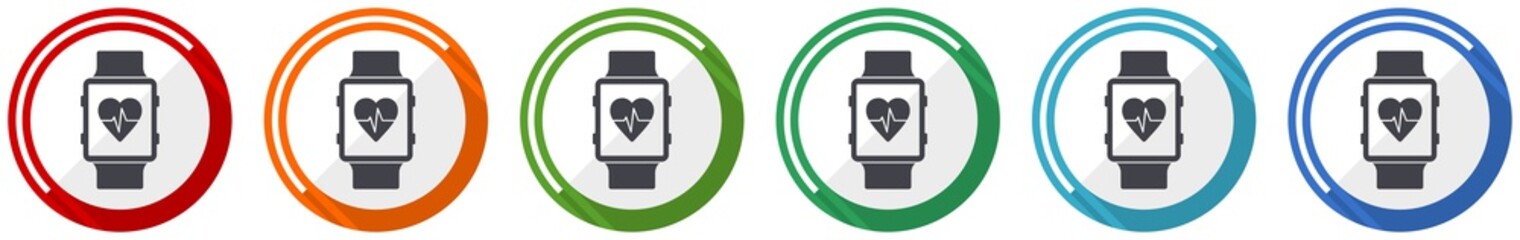 Poster - Smartwatch icon set, smart watch, fitness flat design vector illustration in 6 colors options for webdesign and mobile applications