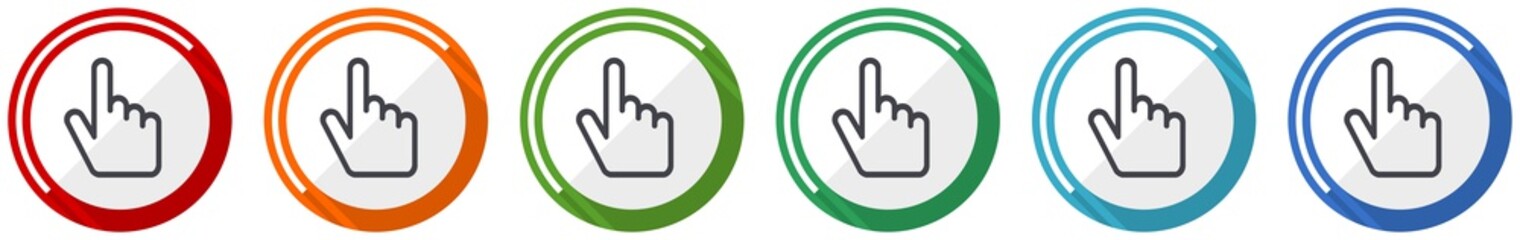 Fototapete - Cursor hand icon set, flat design vector illustration in 6 colors options for webdesign and mobile applications