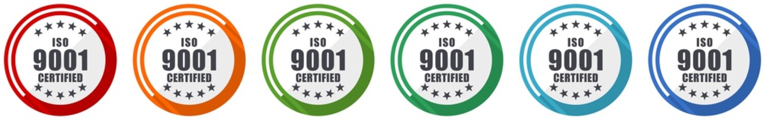 Fototapete - Iso 9001 icon set, flat design vector illustration in 6 colors options for webdesign and mobile applications