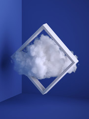 Wall Mural - 3d render, white fluffy cloud flying through the square frame. Minimal room interior. Levitation concept. Objects isolated on blue background, modern design, abstract metaphor. Color of the year 2020