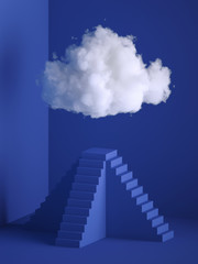 Wall Mural - 3d render, white soft cloud above the pyramid pedestal, minimal room interior, ladder, stairs. Objects isolated on blue background, modern design, abstract metaphor. Color of the year 2020