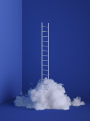 Wall Mural - 3d render of white fluffy cloud, ladder, stairs, minimal room interior. Objects isolated on blue background, modern design, abstract metaphor. Color of the year 2020