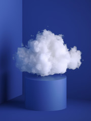 Wall Mural - 3d render, white fluffy cloud above the cylinder pedestal, round podium, minimal room interior. Objects isolated on blue background, modern design, abstract metaphor. Color of the year 2020
