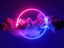 3d Render, Abstract Minimal Background, Pink Blue Neon Light Round Frame With Copy Space, Illuminated Stormy Clouds, Glowing Ring Geometric Shape.