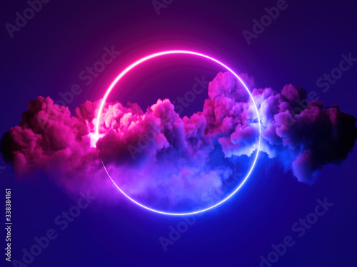 Cuadros en Lienzo 3d render, abstract minimal background, pink blue neon light round frame with copy space, illuminated stormy clouds, glowing ring geometric shape