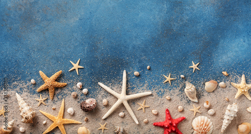 Fotomural Seashell, starfish and beach sand on blue background