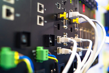 Poster - network hardware. industrial switchboard. server close up. concept - maintenance of computer network