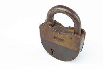Poster - Vintage padlock. An old rusty key lock securely locking the door. Padlock on a white background. Collecting old things. Locking doors. Ancient padlock. Securing property. Close. Metal key lock.