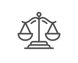 Wall Mural - Justice scales line icon. Judgement scale sign. Legal law symbol. Quality design element. Editable stroke. Linear style justice scales icon. Vector