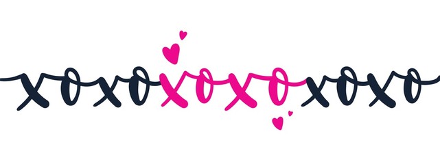 Wall Mural - Xo xo xo card with doodles and hearts vector illustration. Pink and black colours of letters flat style. Inspiration love and kiss concept. Isolated on white background