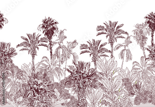 Fotografía Seamless Border Vintage Etching Tropical Jungle Pattern, Toile Tropics Wallpaper