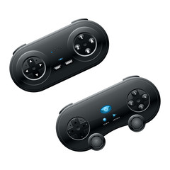 Two realistic black vector gamepads with buttons, a glowing blue button and joysticks isolated on white.
