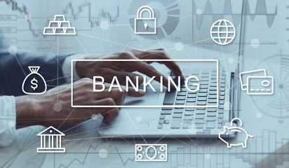 Poster - Unrecognizable African American financier using online banking system, closeup. Collage with icons. Panorama