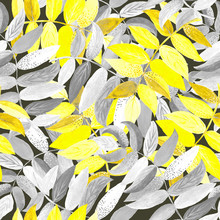 Grey And Yellow Watercolor Branches On Grey Background: Floral Seamless Pattern, Tender Wallpaper Print, Spring And Summer Textile Design.