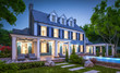 © korisbo - 3d rendering of modern cozy classic house in colonial style with garage and pool for sale or rent with beautiful landscaping on background. Clear summer night with many stars on the sky.
