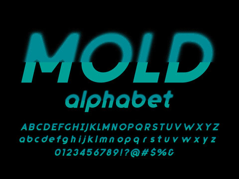 Halftone blurry style alphabet design with uppercase, lowercase, numbers and symbols