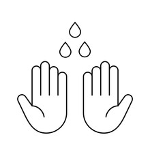 Wash your hands sign. Washing hands thin line icon. Two human palms and drops of water outline. Safety measures. Disinfection. Infectious disease prevention. Vector illustration, flat style, clip art
