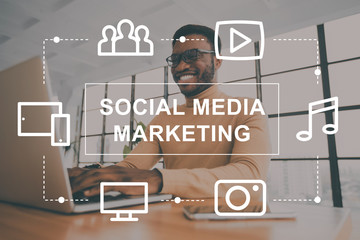 Poster - Collage with African American manager working in open space office and social media marketing icons