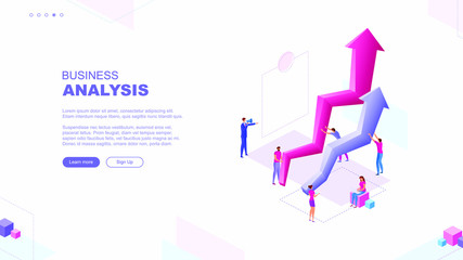 Trendy flat illustration. Business analysis page concept. Office workers planing business mechanism, analyze business strategy and exchange ideas. Template for your design works. Vector graphics.