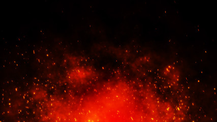 Fire embers particles over black background. Fire sparks background. Abstract dark glitter fire particle lights.