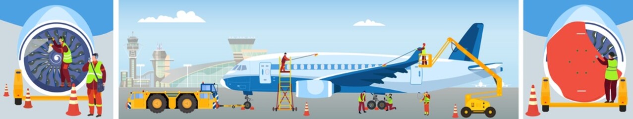 Aircraft maintenance, people clean plane at airport, professional technician team work, vector illustration. Airplane maintenance and safety control check, inspection and repair service industry job