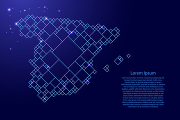 Sticker - Spain map from blue pattern from a grid of squares of different sizes and glowing space stars. Vector illustration.