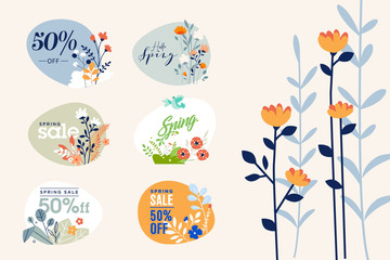 Wall Mural - spring sale labels collection. vector illustrations of beauty, fashion, cosmetics, for graphic and w