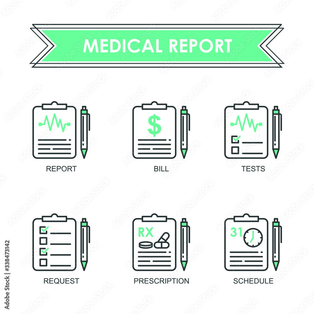 Medical Report Icon Set, such us Report, Bill, Tests, request ...