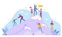 Business People Characters Climb Top Peak Landing Page Flat Vector Illustration Concept. Leadership And Teamwork, Team Leader Show Way, Motivate To Success, Award Trophy Flag, Competitive Environment.