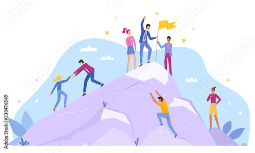 Fotografía Business people characters climb top peak landing page flat vector illustration concept