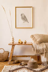 Wall Mural - stylish composition of living room interior with mock up frame, wooden bench, pillow, plaid, woman b