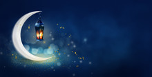 Ramadan Kareem Background Banner. Islamic Greeting Cards For Muslim Holidays And Ramadan. Blue Banner With Moon And Lantern.
