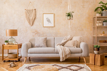 Wall Mural - stylish scandi compostion at living room interior with design gray sofa, wooden coffee table, shelf,