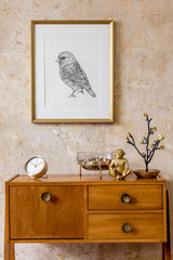 Wall Mural - stylish living room with vintage commode, gold mock up photo frame, gold clock, decoration, grunge w