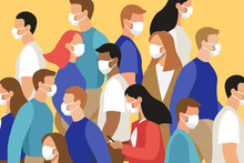 Vector Flat Illustration Of Many People In Crowd Wearing Face Masks - Virus Outbreak, Pandemic, Safety Measures