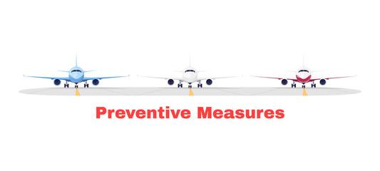 Poster - Preventive measure in airport terminal semi flat RGB color vector illustrations set. Precautions during pandemic for safe flight. Different color airplanes isolated cartoon items on white background