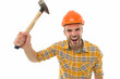 © be free - Man shouting. Man builder hard hat. Threaten with hammer. Angry aggressive guy. Improvement and renovation. Man builder or inspector. Engineer architect builder. Bully foreman. Control and management