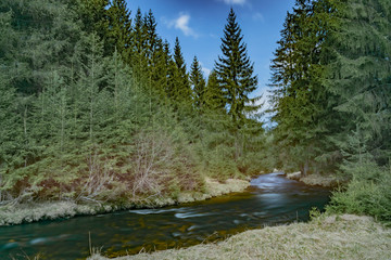 Studena Vltava river in national park Sumava in sunny spring day