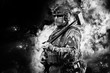 © andy_gin - Portrait of a special forces soldier waving a sledgehammer to smash an obstacle. The concept of military units. Computer games.