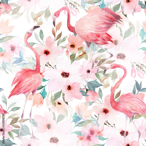 Dekoracja na wymiar  akwarela-bezszwowe-wzor-kwiatowy-nadruk-z-flamingiem-na-bialym-tle