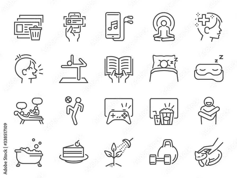 Self-care during self quarantine line icon set. Included icons as take care of your mind, enjoy, emotion, mental health, relax and more. - obrazy, fototapety, plakaty 