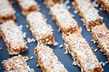 Poster - Fresh bars cakes buns cookies background, Dessert, sweets for tea. Fattening sweets concept