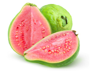 Poster - Isolated guava fruits. Pink guavas with green skin cut in halves isolated on white background with clipping path