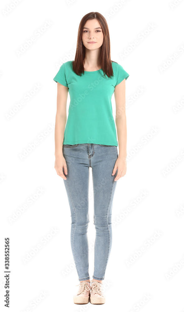 Woman in stylish t-shirt on white background