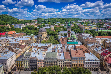 Canvas Print - Panorama of Lviv city, view from City Hall tower with Corpus Christi and Walachia churches, Ukraine