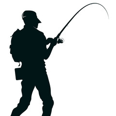 Wall Mural - Fisherman with fishing rod in special equipment silhouette for fishing