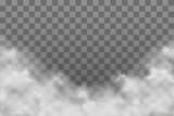 Fototapeta Na sufit - White fog texture isolated on transparent background. Steam special effect. Realistic vector fire smoke or mist